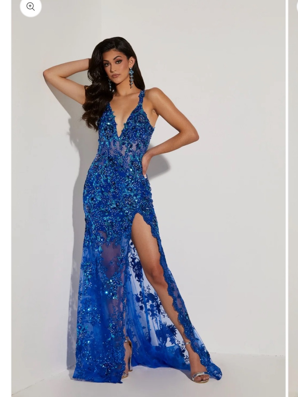 Blue Sequin Embellished Prom Gown with Side Slit